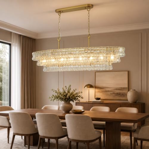 Large Rectangular Chandelier for Dining Room, Kitchen Island & Dining Table, Modern Luxury Brass Glass Pendant Light Fixture - Image 6