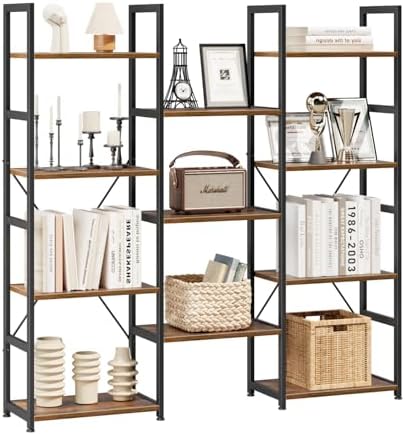 NUMENN Triple Column 4 Tier Bookshelf with 11 Adjustable Shelves, Vintage by NUMENN