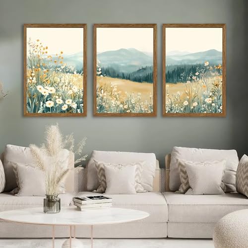 AVECCO 3 Pieces Wildflower Meadow Mountain Framed Canvas Wall Art 20x30 in - Image 2