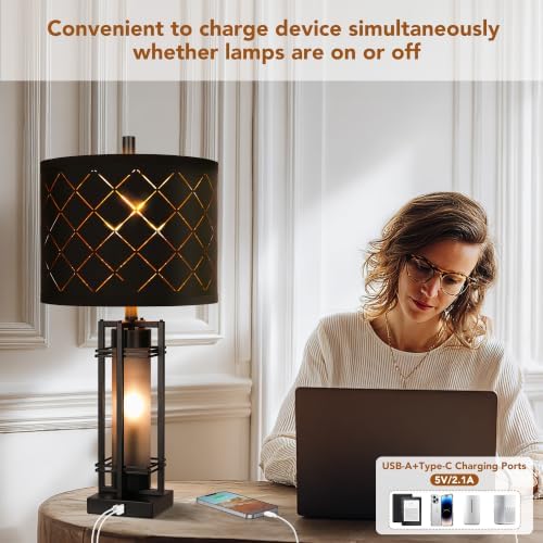 WIHTU 27'' Modern Table Lamp Set of 2 with Nightlight, Metal Bedside Lamps - Image 3
