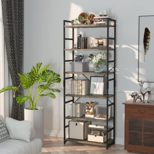 NUMENN 6 Tier Bookshelf, Tall Freestanding Open Storage Bookcase, Grey - Image 5