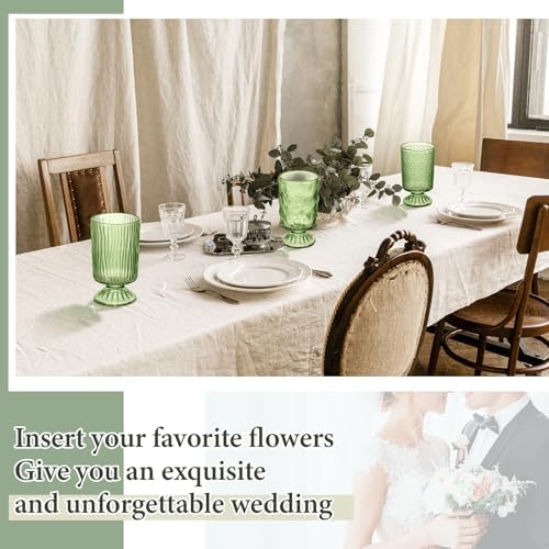 6 Pcs (H:7" W:4") Embossed Flower Vase Pedestal Glass Vase, Green - Image 6