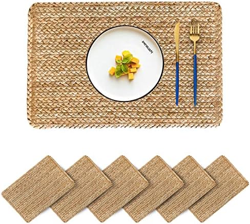 Woven Placemats Set of 6 Rattan Placemats Rectangle Natural Placemats Wicker Heavy Braided Straw Placemat Farmhouse Square Plates Place mats for Indoor/Outdoor Patio Table 17.7'' X 11.8'' by CYSISTERS