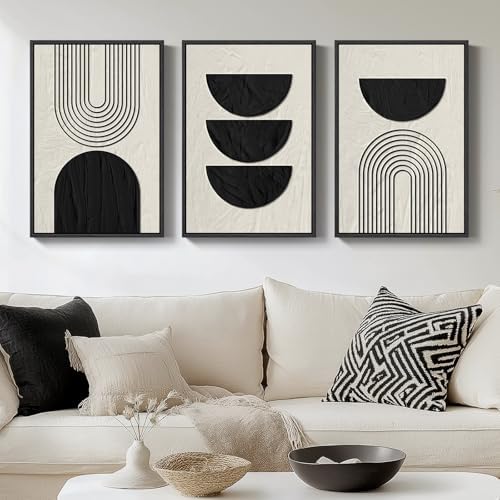 Framed Boho Black and White Abstract Wall Art Set, 3 Piece Canvas Prints by Cuspin