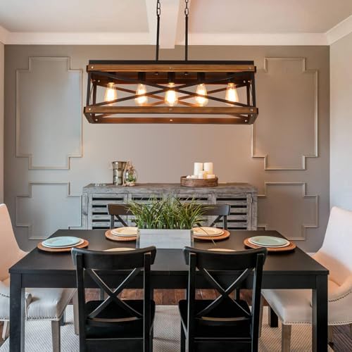 Rustic Farmhouse Wood Kitchen Island Lighting, 5 Lights Rectangular Pendant Light Fixture, Adjustable Chain Oak Wood and Metal Linear Chandelier for Dining Room Kitchen Island Farmhouse, Black - Image 7
