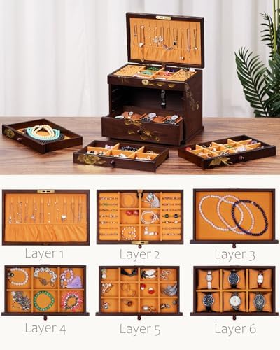 Painted Wooden Jewelry Box for Women, 6-Layer Vintage Organizer with Lock - Image 6