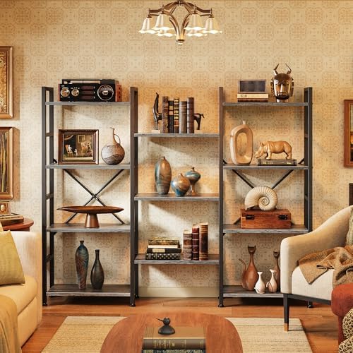 SUPERJARE Triple Bookshelf, Bookcase with 11 Open Display Shelves, Wide Book Shelf Book Case for Home & Office, 4 Tier, Grey - Image 6