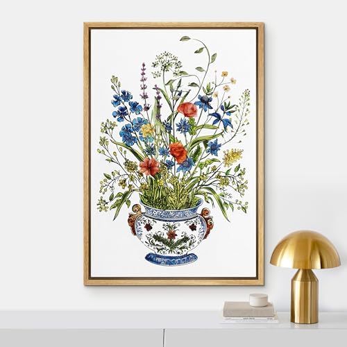 NWT Framed Canvas Print Wall Art Vibrant Wildflower Bouquet in Ornate Vase Illustrations Modern Art Decorative Landscape Rustic Zen Colorful for Living Room, Bedroom, Office - 24"x36" Natural - Image 2