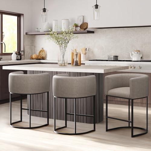 Counter Height Bar Stools Set of 3, 24 Inch Seat Height Barstools for Dining Room, Fabric Upholstered Bar Chair for Kitchen Island, Linen Counter Stools with Metal Legs, Sand - Image 7