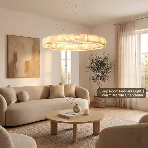 Alabaster Chandelier Spanish Natural Marble Round D30in Chandeliers, Modern Living Room Chandelier, Stone Pendant Light Fixture, Dimmable Chandeliers for Dining, Entryway, Foyer, Hallway - Image 3