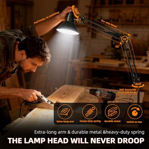 Black Dimmable Desk Lamp with Clamp, Extra-Tall Adjustable Swing Arm - Image 3