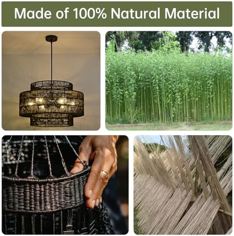 24" Black Rattan Chandelier for Dining Room, Boho Pendant Light - Image 2