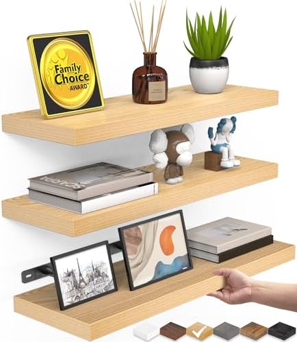 BAYKA Floating Shelves for Wall, Wall Mounted Rustic Wood Shelves for Bathroom, Bedroom, Living Room, Kitchen,Small Hanging Shelf for Books/Storage/Room Decor (Oak-Toned, Set of 3, 15.7in) by Bayka