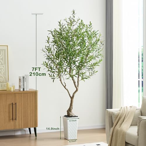 Olive Trees Artificial Indoor, 7FT Fake Plant in White Tall Planter - Image 5
