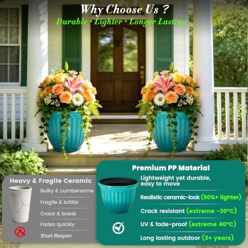 Autodaya 15" Large Planters For Outdoor Plants Set Of 2 Plastic Flower Pots - Image 4