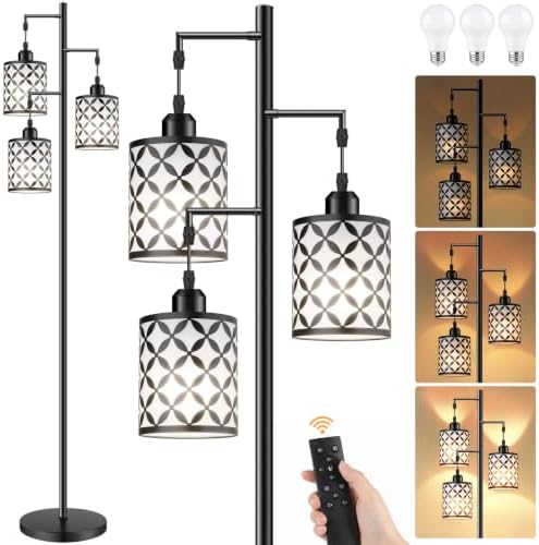 72" Dimmable Floor Lamp with Remote & Timer, Industrial Farmhouse Rustic Standing Lamp for Living Room Bedroom, 3 Individually Controlled Heads, 2 Height Options, 3 x LED Bulbs Included by GHOOCEMLUX