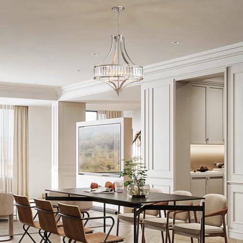 21.6" Brushed Nickel Chandeliers for Dining Room, Rustic Farmhouse Crystal Chandelier with Round Metal Shade, Modern 6-Light Large Light Fixture for Hallway, Bedroom, Foyer - Image 2