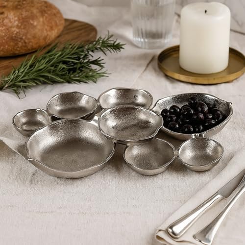9 Cluster Decorative Bowls Bright Silver Snack Tray Bowl Chip & Dip Serving Piece Strong Brass Centerpiece Beautiful Room Accent & Entertaining Parties Home Decor Wedding Gifts 22 Inch Decorative Gift - Image 5