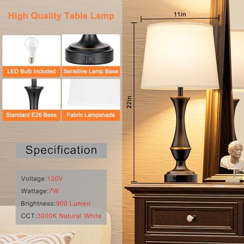 Touch Lamps for Nightstand, 3 Way Dimmable Lamps for Bedroom with USB C+A - Image 6