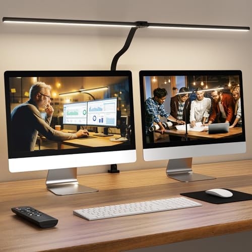 LED Desk Lamp for Home Office, 24W Computer Desk Light with Remote Control, Bright Table Lamp with Clamp Dimmable Tall Desktop Lighting with Bendable Gooseneck, Double Head, Black by APMIEK