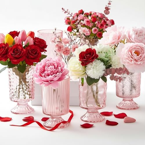6 Pcs (H:7" W:4") Embossed Flower Vase Pedestal Glass Vase, Pink by Unknown