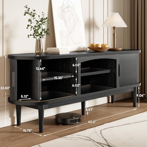 Decofy Mid Century TV Stand for TVs up to 70 Inches, Entertainment Center with Storage, Power Outlet, Fluted Sliding Doors & Adjustable Shelves, Modern Media TV Console Table for Living Room (Black) - Image 2