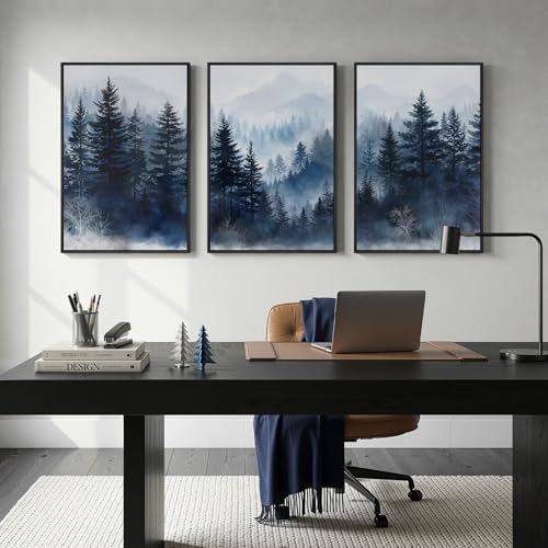 Framed Blue Foggy Forest Mountain Wall Art for Living Room, 3 Piece, 24x36 - Image 3