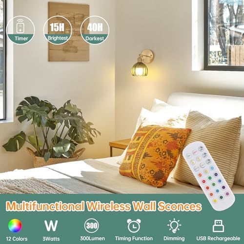 Shenmoyl Vintage Battery Operated Wall Sconce with Green Tulip Glass Lampshade Rechargeable Battery Powered Wall Light with Remote Control for Bedside Bedroom Doorway - Image 2