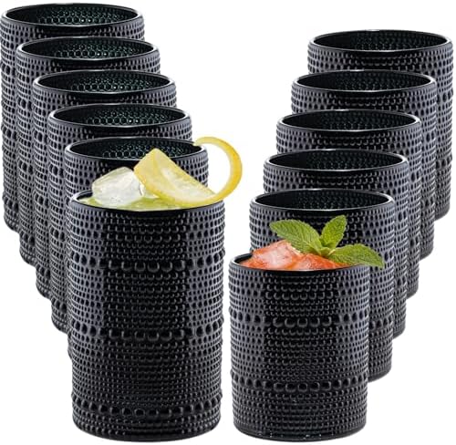 Black Hobnail Beaded Drinking Glasses Set of 12, 12 oz & 15oz Vintage Glassware Set Romantic Water Glasses Tumbler, Water Cups, Embossed Glassware Set for Beer, Juice, Cocktail, Soda, Beverages by XKXKKE