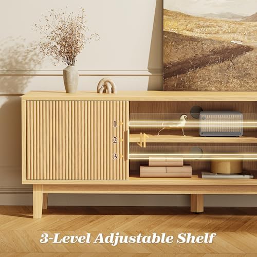 PRAISUN 54 Inch Fluted TV Stand for TVs Up to 55, 60 Inch, Mid Century Modern Entertainment Center with Storage, TV Console with Adjustable Shelves, Midea Console for Living Room Bedroom, Beige - Image 5