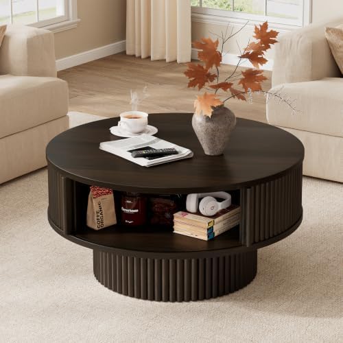 ONBRILL 31.5" Fluted Round Coffee Table with Storage Black by ONBRILL