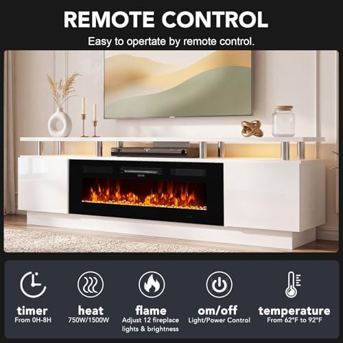 90" TV Stand for Living Room, Large Entertainment Center & Media Console, Fits TVs up to 100", Storage Cabinet with Shelves, 50" Electric Fireplace, White & Black - Image 7