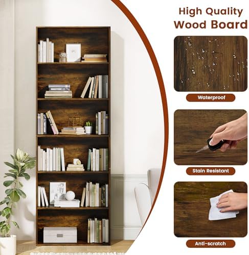 GRUSIGN 71" Tall 6-Tier Bookshelf, Large Open Display Bookcase with Ample Storage, Floor Standing Book Shelf for Living Room, Home Office, Bed Room, Brown - Image 4
