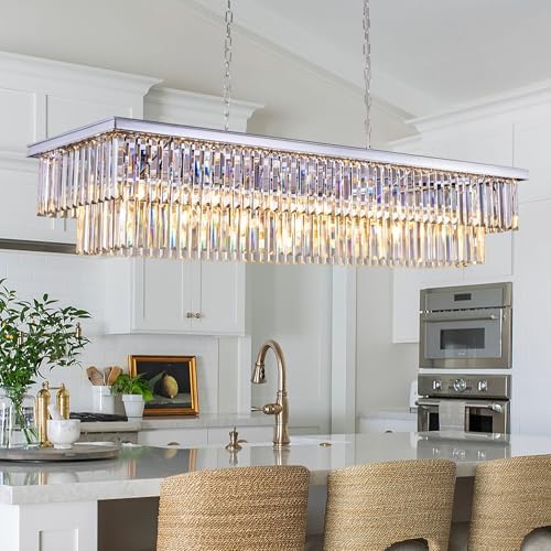 Wellmet Chrome Chandelier 57 inch, 13-Light Modern Rectangular Crystal Chandelier Ceiling Hanging, Linear Chandeliers Light Fixture for Living Room, Dining Room, Bedroom, Kitchen Island by Wellmet