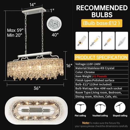 12-Lights Chrome Oval Crystal Chandeliers for Dining Room 36" - Image 5