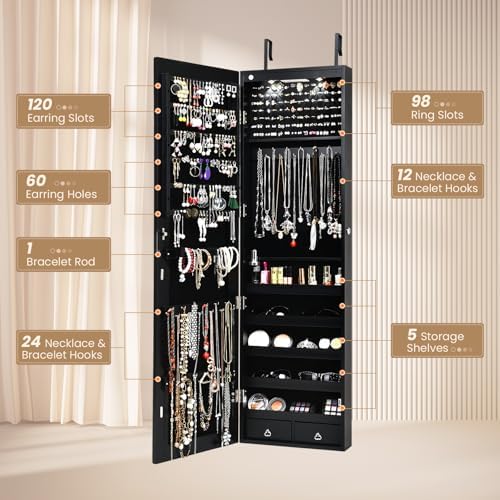 NAFORT 2 LEDs Jewelry Armoire with Full Length Mirror, 47.5" H Wall or Door Mounted Jewelry Cabinet with 2 Drawers, Lockable Jewelry Organizers and Storage, Hanging Jewelry Organizer, Black - Image 2