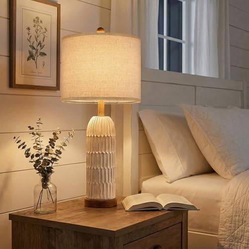 OYEARS 26.5" Bedside Table Lamps Set of 2, Farmhouse Table Lamp with USB A+C Charging Ports,Vintage Nightstand Lamp for Bedrooms and Living Rooms, Retro Resin End Table Lamp with Linen Shade, Brown - Image 5