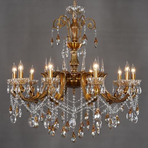 French Crystal Chandelier Antique Gold Candle-Style Pendant Light by OSAIRUOS