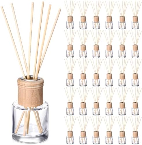 Roshtia 30 Set Reed Diffuser Bottle Empty Refillable Fragrance Glass Diffuser Bottles Set with Wooden Caps Sticks 50ml 1.7 oz Round Glass Jars for DIY Fragrance by Roshtia