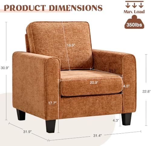 Accent Chair for Living Room, Mid Century Modern Upholstered Living Room Chair, Chenille Reading Armchair for Apartment, Waiting Room, Office, Orange - Image 2