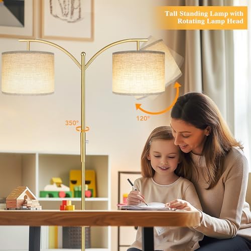 ROTTOGOON Dimmable Floor Lamp, Arc Floor Lamps for Living Room, Stepless Dimming Modern Standing Lamp with Linen Shade, Tall Lamp for Bedroom Office Dining Room- Brushed Gold - Image 2