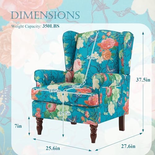 YOLENY Floral Accent Chair, High Back Upholstered Armchair with Solid Legs, Leisure Single Sofa Chair for Living Room, Bedroom, Home Office, Teal Floral - Image 3