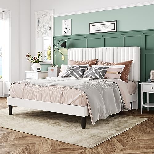 Allewie Full Bed Frame, Velvet Upholstered Platform Bed with Adjustable Vertical Channel Tufted Headboard, Mattress Foundation with Strong Wooden Slats, Box Spring Optional, Easy Assembly, Off-White - Image 3