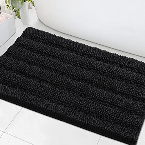 H.VERSAILTEX Bath Mats for Bathroom Non Slip Extra Thick Chenille Striped Bath Rug 24" x 36" Absorbent Non Skid Fluffy Soft Shaggy Rugs Washable Dry Fast Plush Mats for Indoor, Bath Room, Tub - Black by HVERSAILTEX