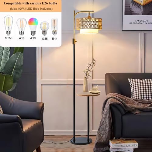 Dimmable Floor Lamp with Table and Marble Base, Arc Floor Lamp with Dimmable Bulb, Boho Farmhouse Standing lamp with Fabric & Rattan Lampshades for Living Room Bedroom (Black and Gold) - Image 6