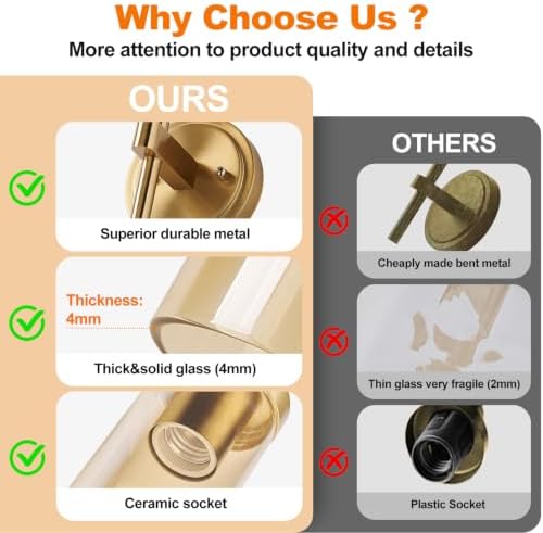 MOKATNG Hardwired Wall Sconces Set of Two, Brushed Gold Bathroom Sconces with Amber Glass, Modern Wall Light Fixtures for Bathroom Mirror Vanity, Living Room, Hallway, Stairway, Cabinet, Foyer - Image 4