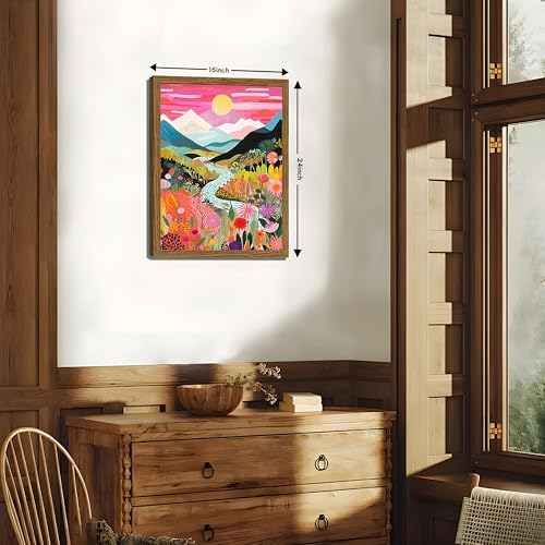 Boho Colorful Mountain Wall Art Set of 3, Abstract Watercolor Landscape Flower Wall Decor Paintings, Modern Nature Sunset Forest Posters Prints for Living Room, Bedroom 16x24 Inch Wood Framed - Image 4