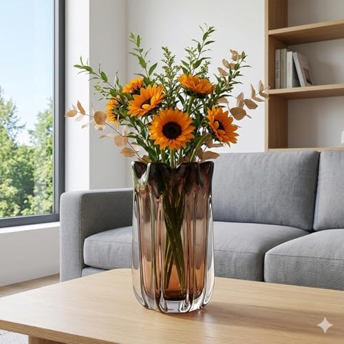 Large Hand Blown Glass Flower vases, Unique Amber Glass vases, Murano Style Wide Mouth vases, Beautiful Vase for Home Living Room, Office, Table centerpieces, Bookshelves and Wedding Decorations - Image 3