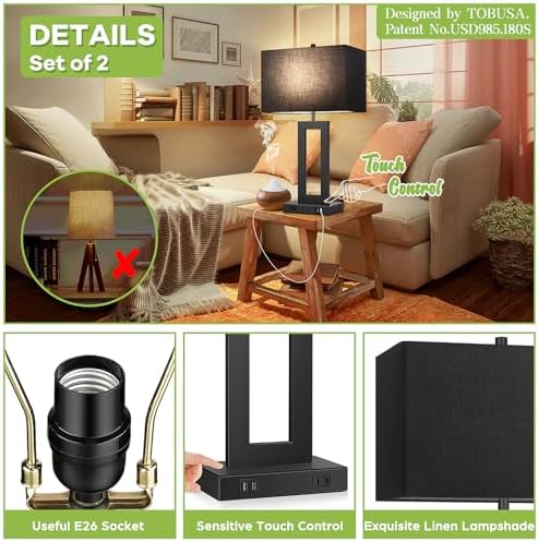 TOBUSA 22" Modern Touch Control Table Lamp Set of 2 with 2 USB Ports - Image 6