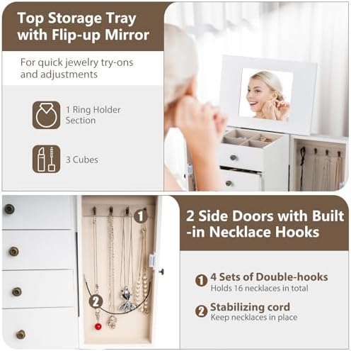 Giantex Standing Jewelry Armoire Cabinet with 4 Drawers, Flip Top Mirror, Top Storage Compartments, 2 Side Doors with 8 Necklace Hooks, Freestanding Jewelry Organizer Box Chest (White) - Image 5